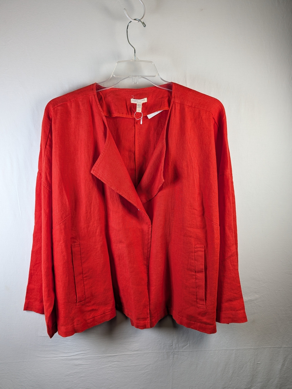 Eileen Fisher Organic Linen Open Front Jacket w/ Pockets Long Sleeve Red 1X Plus
